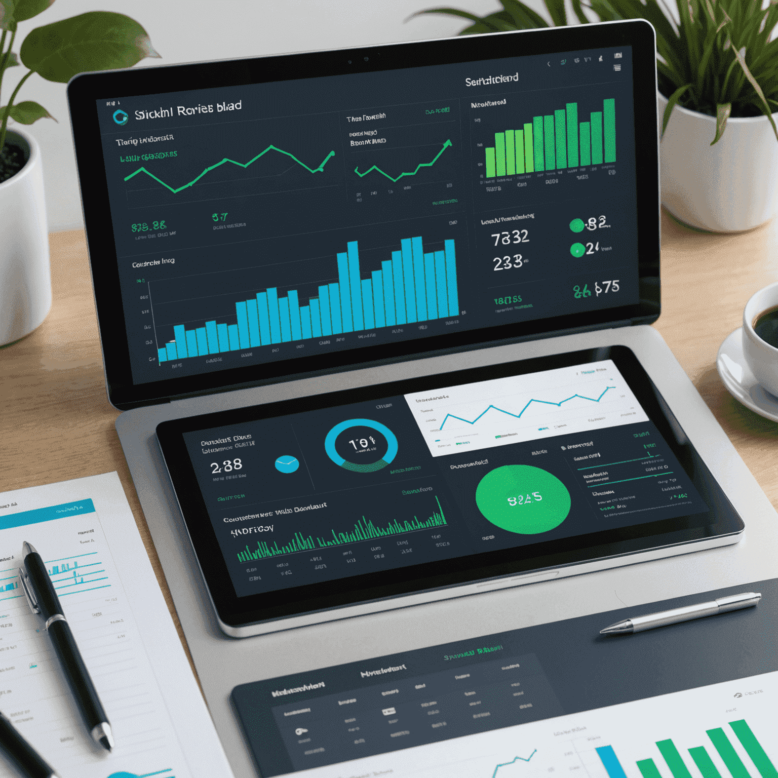 A modern, sleek dashboard showing various investment options, charts, and financial data. The interface is clean and user-friendly, with vibrant blue and green accents highlighting key information.