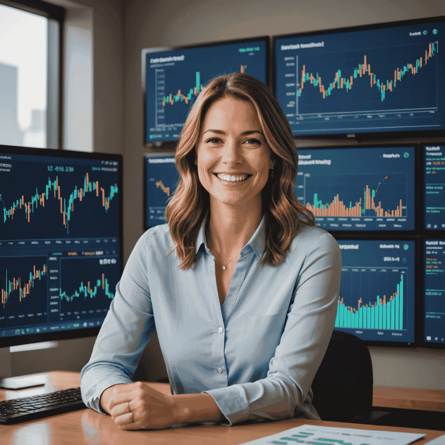 Sarah smiling in front of a computer screen showing investment charts