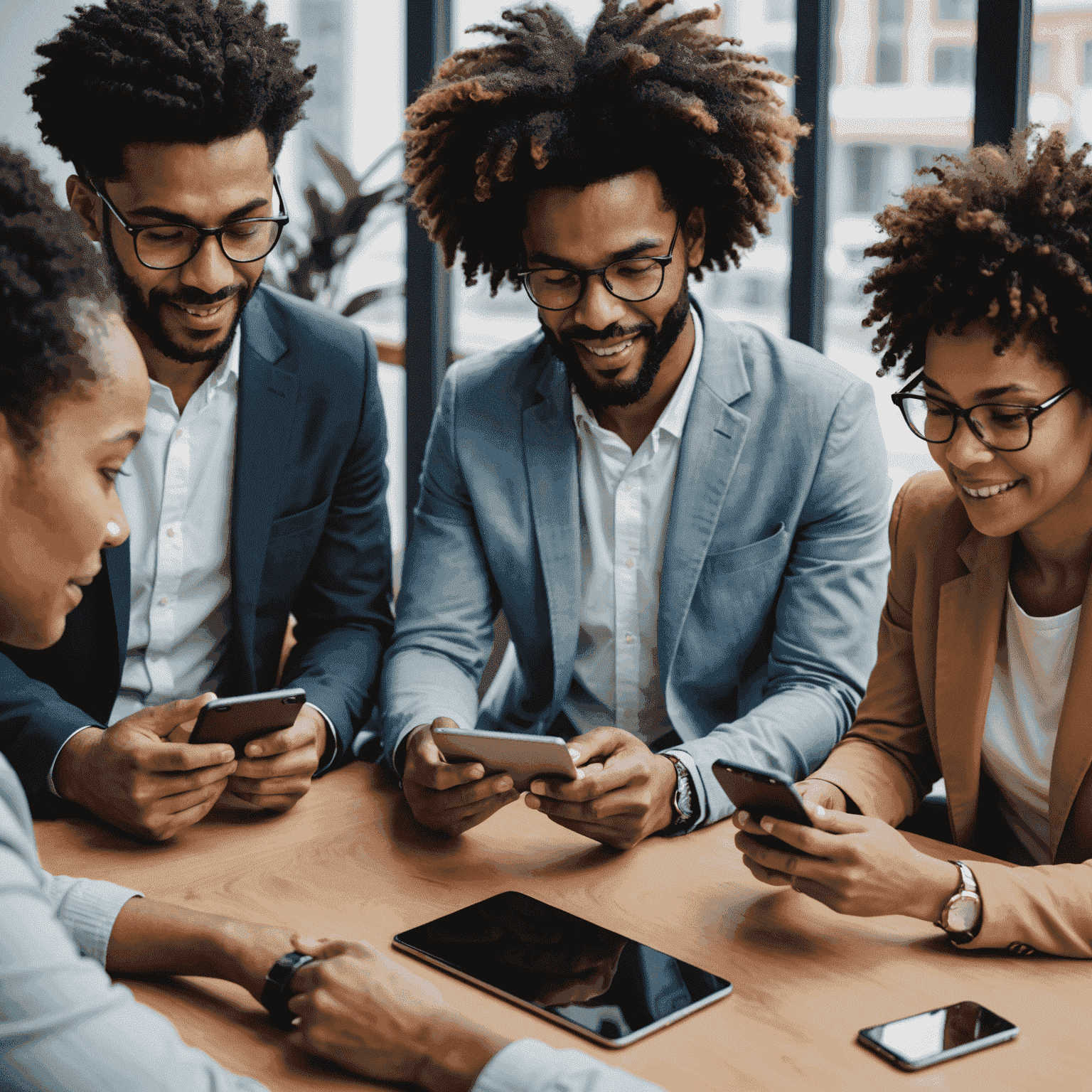 A group of diverse people using smartphones and tablets, symbolizing the ease of using EarnM's platform for investments and financial management