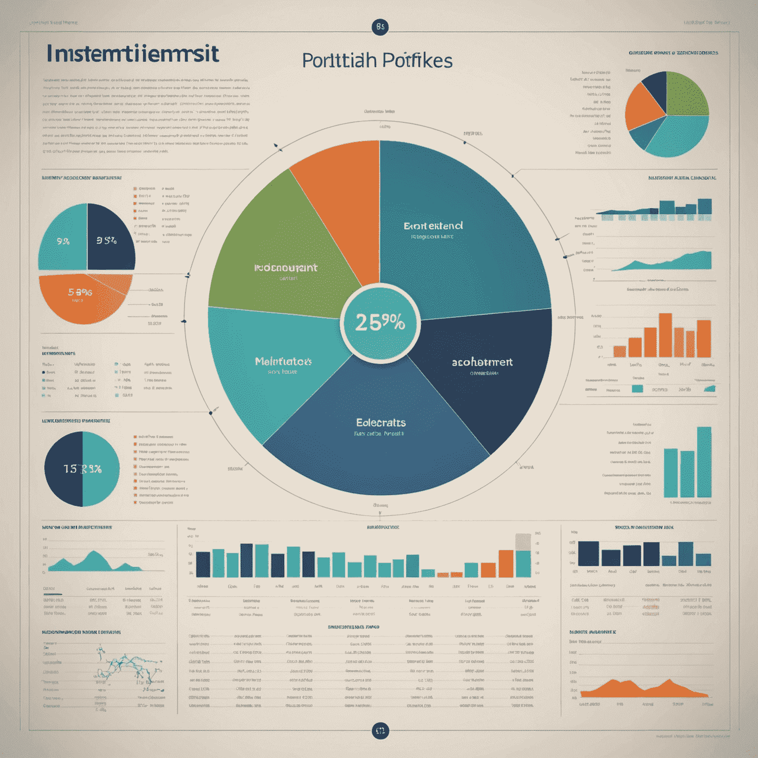 A balanced investment portfolio visualization with equal parts stocks and bonds, and a smaller portion in alternative investments