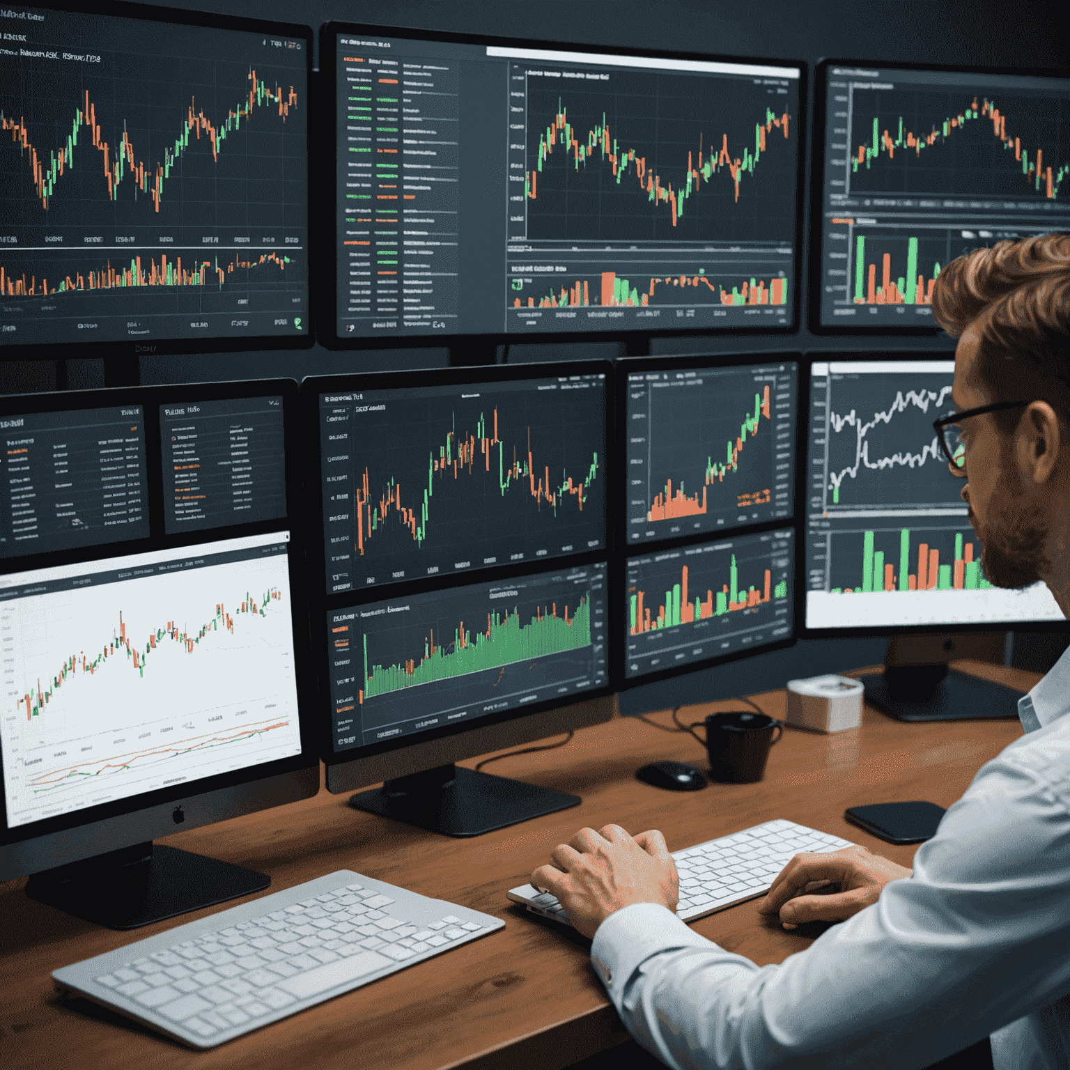 A person analyzing stock market charts on multiple screens