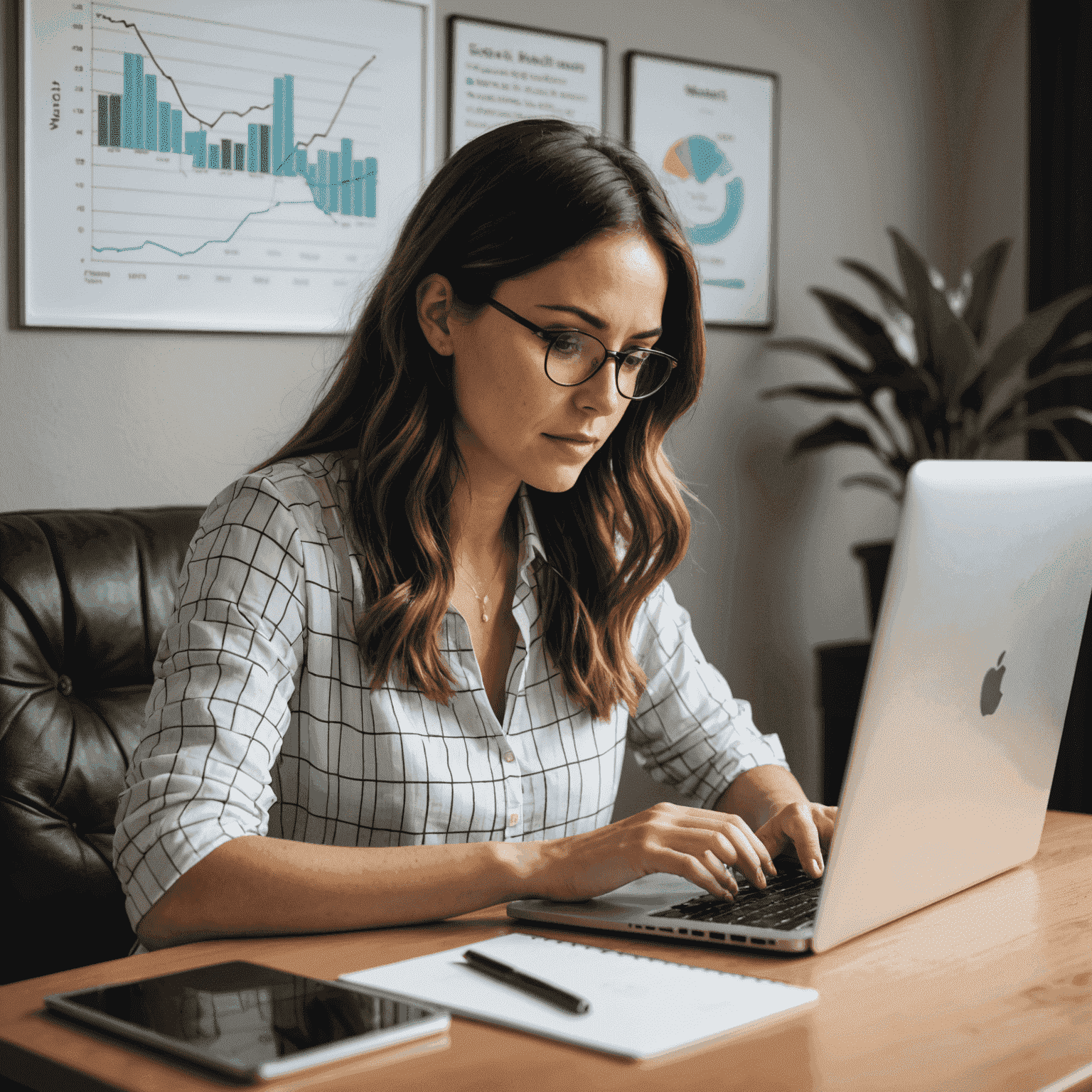 Emily working on her laptop with a graph showing increasing passive income