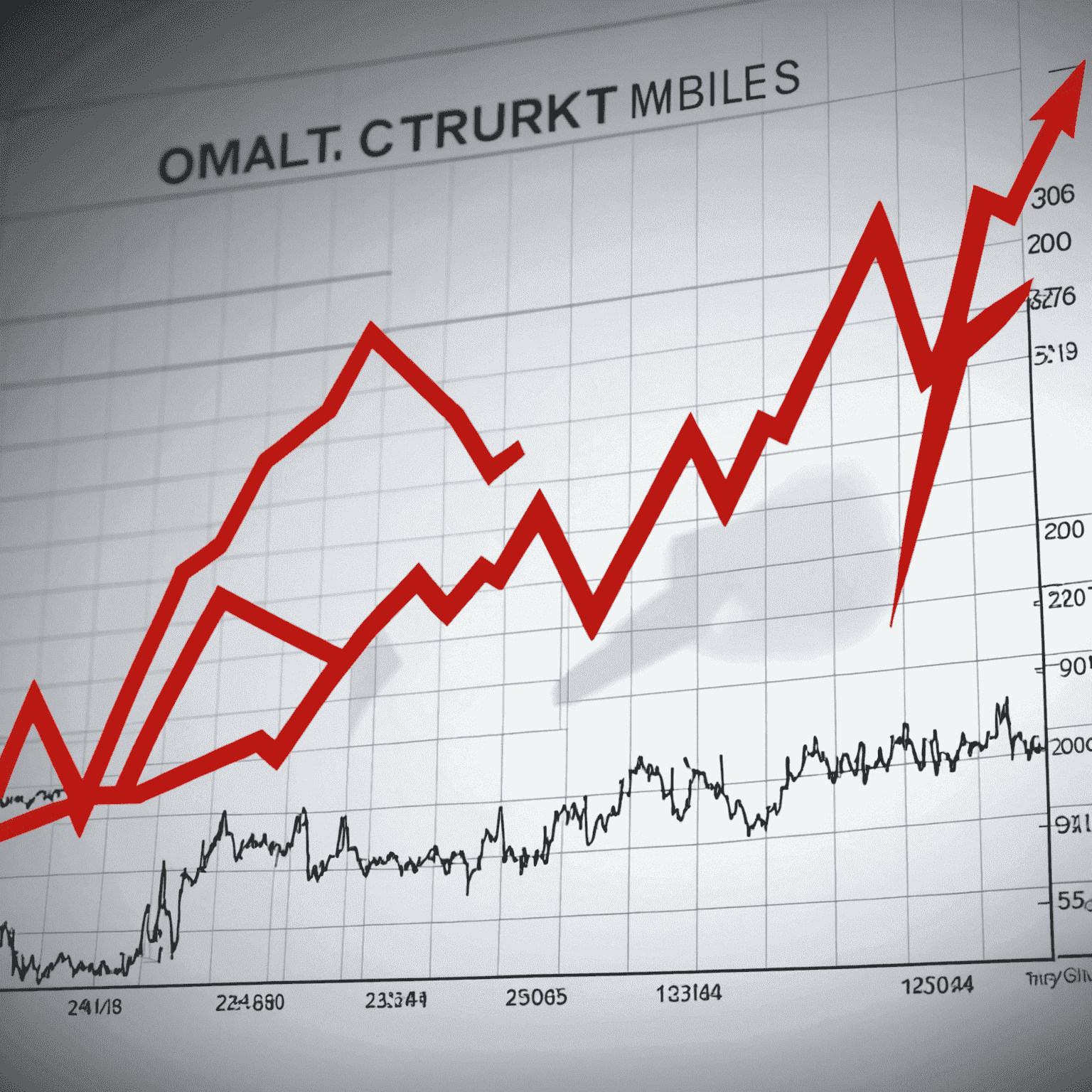 A dynamic stock chart showing significant upward trends with some volatility