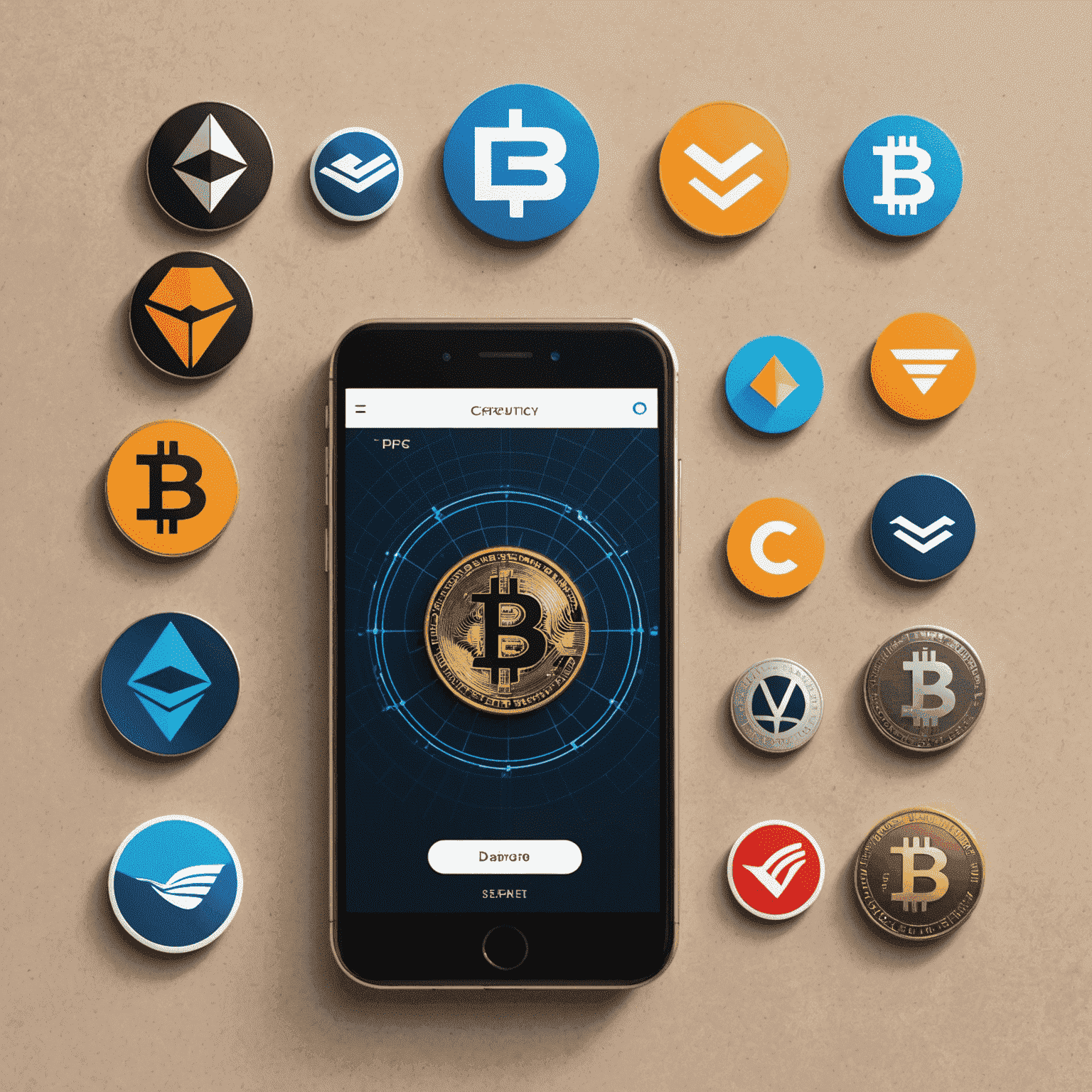 Various cryptocurrency logos and a digital wallet interface