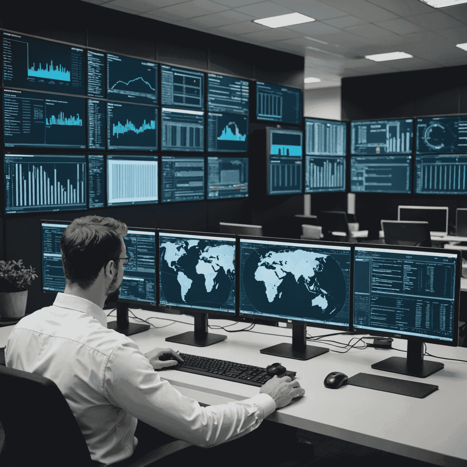 Image of a security professional conducting a system audit, with multiple computer screens displaying various security metrics and logs