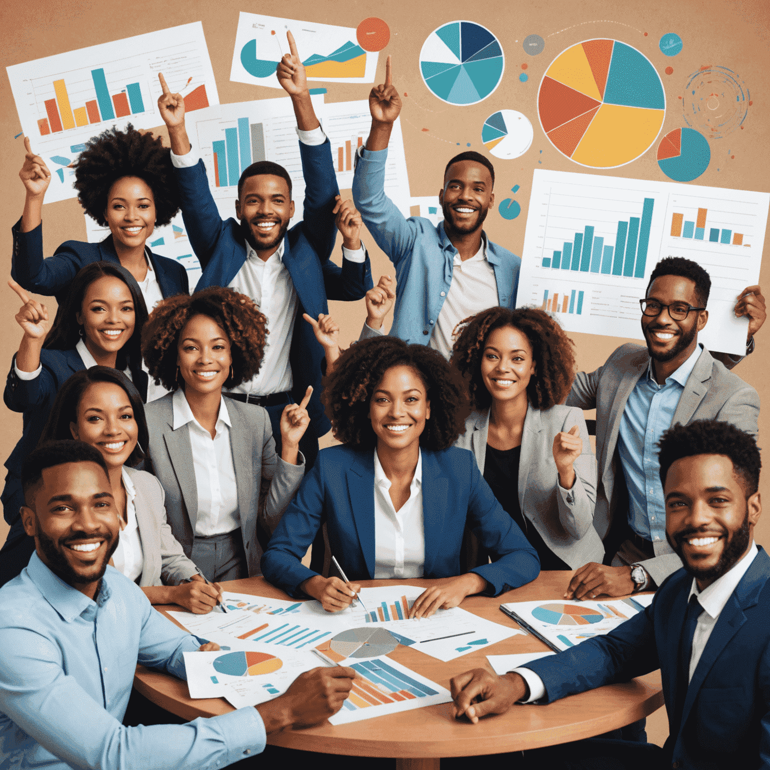 Collage of happy, diverse individuals celebrating financial success, with graphs and charts in the background