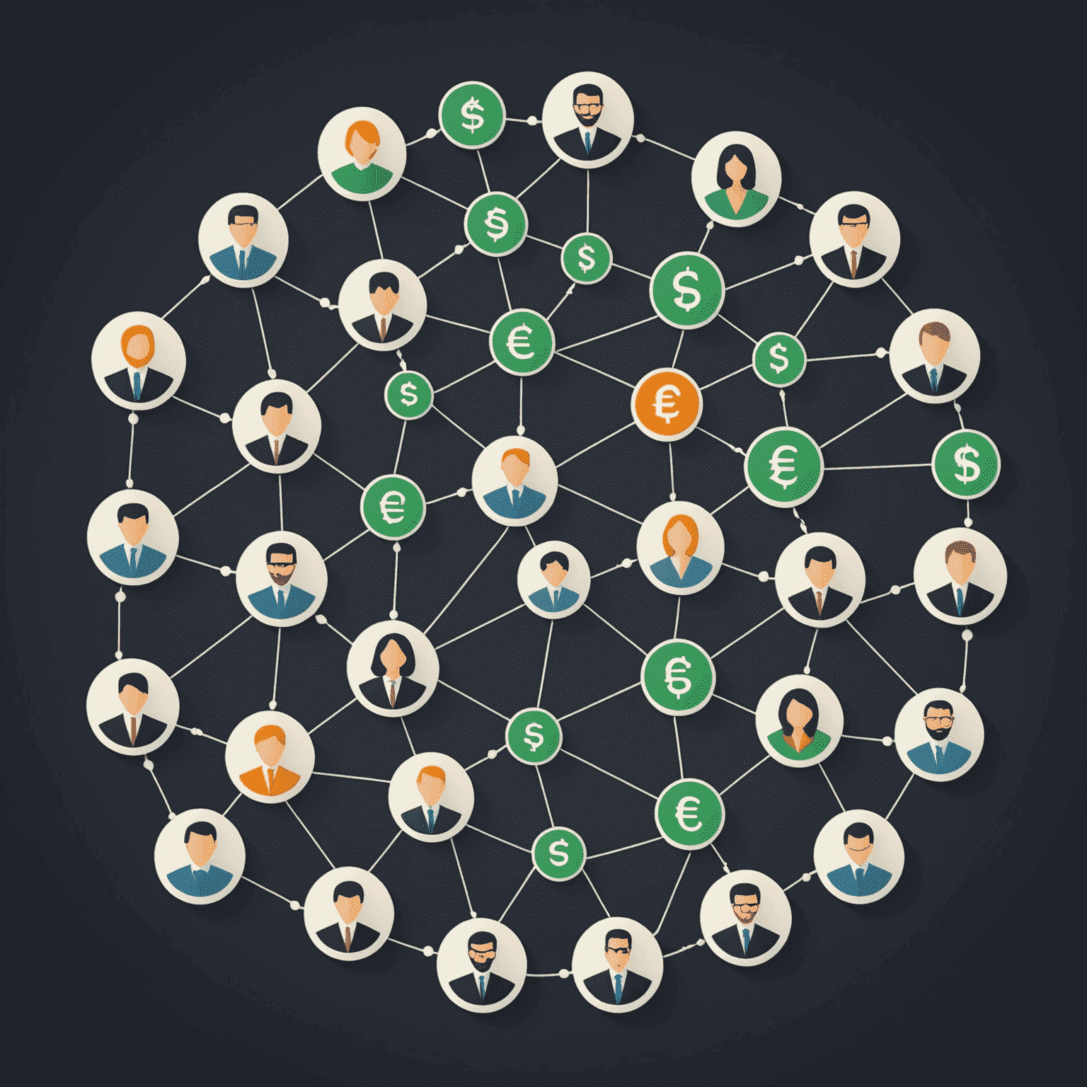 Network of connected people icons with currency symbols, illustrating the referral program concept