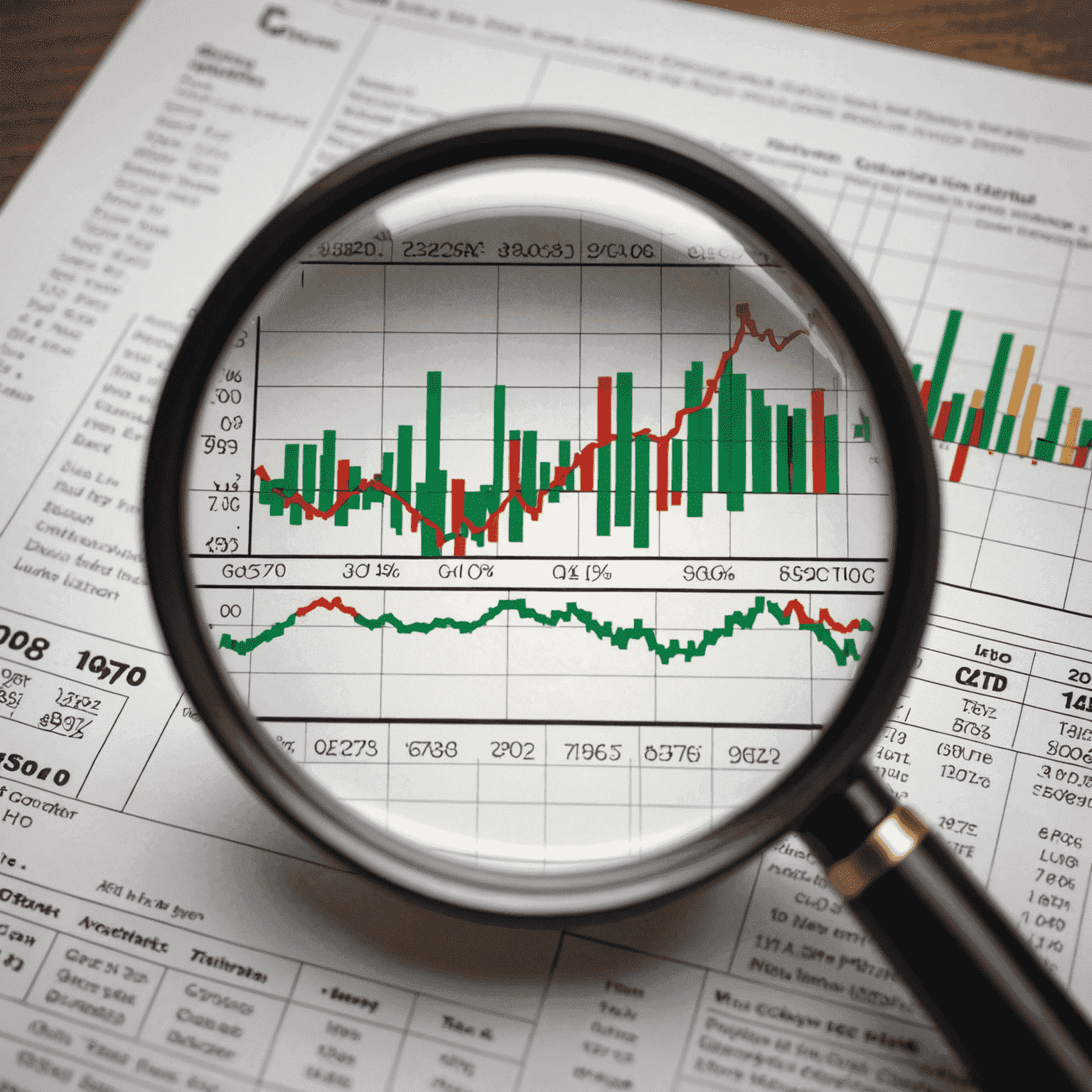 A magnifying glass examining stock charts, symbolizing the search for undervalued companies