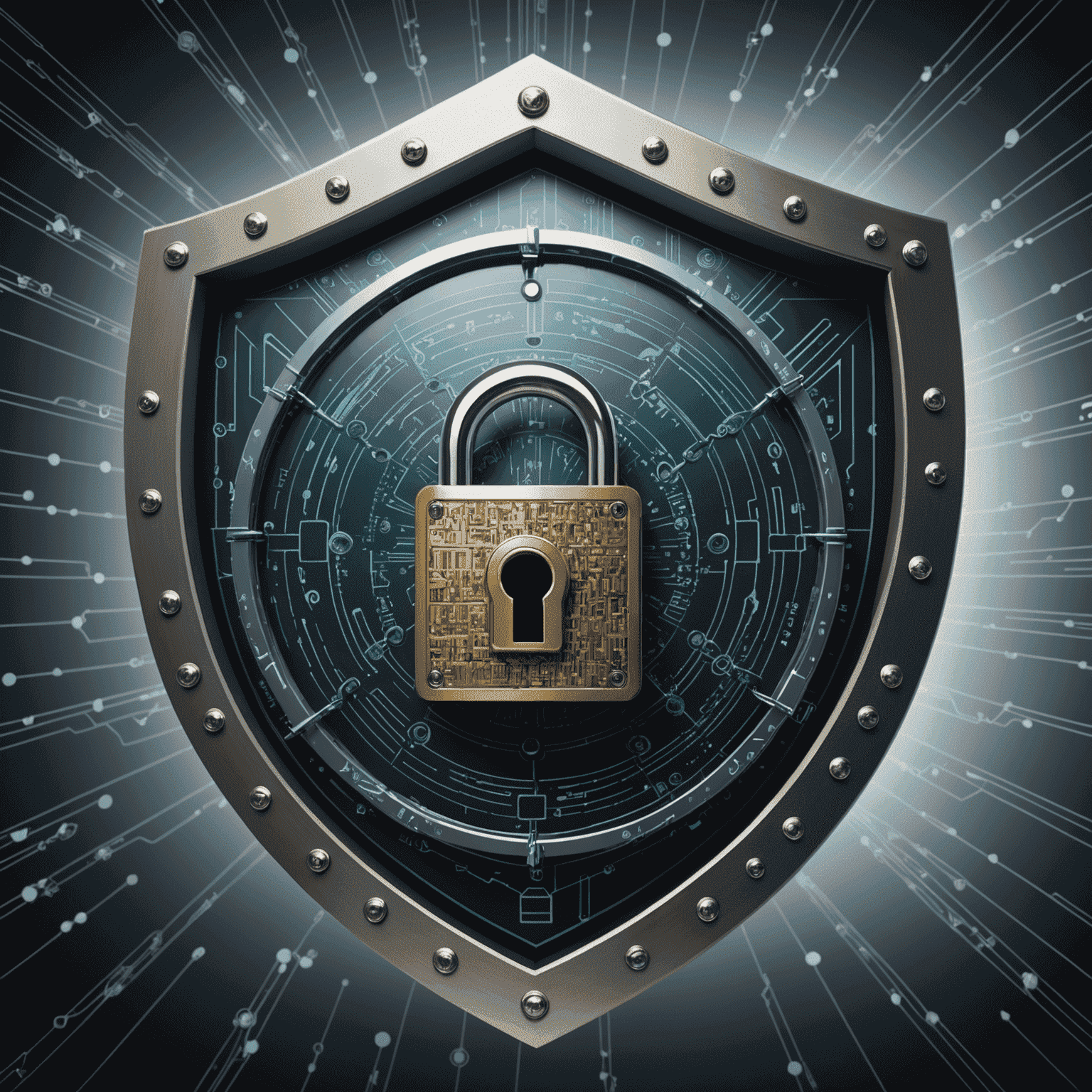 Visual representation of cybersecurity measures including a shield, padlock, and encrypted data streams