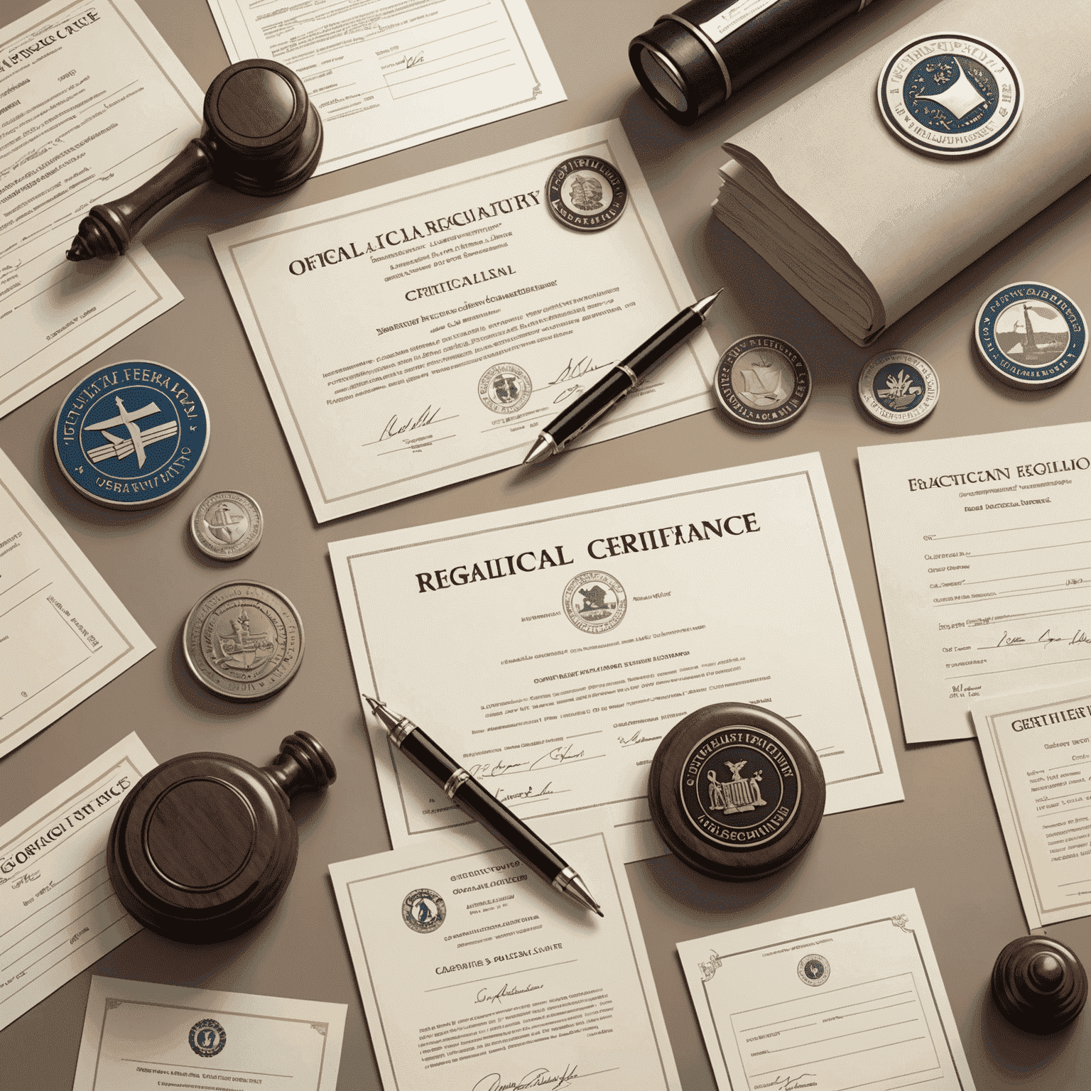 Visual representation of regulatory compliance, showing official documents, seals, and certificates from various financial regulatory bodies